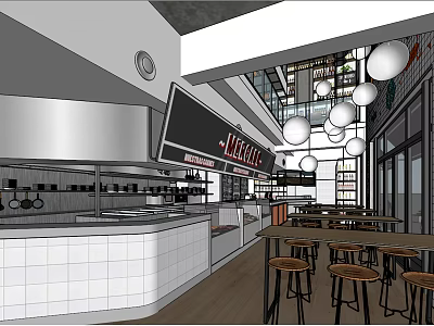 Modern Restaurant Interior With Open Kitchen White Tile Walls Round Pendant Lights And Wooden Tables 3d model