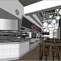 Modern Restaurant Interior With Open Kitchen White Tile Walls Round Pendant Lights And Wooden Tables