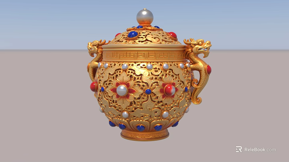 Golden Ornamental Decorative Set With Dragon Handles Inlaid Gemstones And Carved Patterns 3d model 