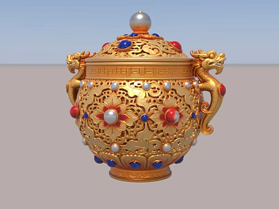 Golden Ornamental Decorative Set With Dragon Handles Inlaid Gemstones And Carved Patterns 3d model