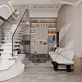 Modern Duplex Living Room Interior With Beige Sofa Geometric Wall And Natural Light