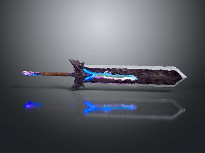 Mythical Glowing Sword with Blue Luminous Brown Purple Hilt Large Blade and Reflective Surface 3d model