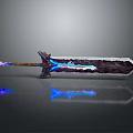 Mythical Glowing Sword with Blue Luminous Brown Purple Hilt Large Blade and Reflective Surface