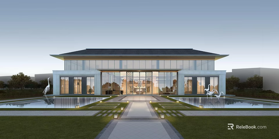 Modern Sales Office Building With Glass Facade Symmetrical Design Water Pool And Landscaped Lawn 3d model 