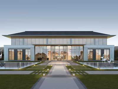 Modern Sales Office Building With Glass Facade Symmetrical Design Water Pool And Landscaped Lawn 3d model