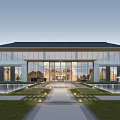 Modern Sales Office Building With Glass Facade Symmetrical Design Water Pool And Landscaped Lawn