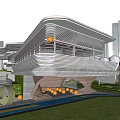 Modern Streamlined Sales Office Building With Curved Roof Lattice Facade And Green Lawn Steps