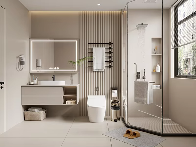 Modern Bathroom Interior Design With Glass Shower Vanity Mirror And Natural Light From Window 3d model