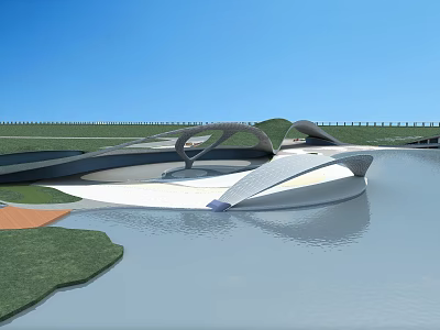 Modern Architectural Museum Building Featuring Curved Structure By Waterfront Green Landscape 3d model