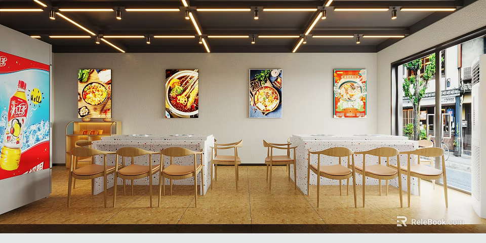 Modern Restaurant Interior With Food Themed Wall Art Wooden Chairs And White Tables 3d model 