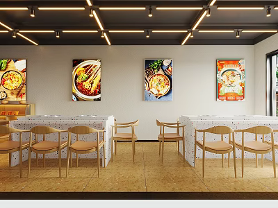Modern Restaurant Interior With Food Themed Wall Art Wooden Chairs And White Tables 3d model
