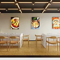 Modern Restaurant Interior With Food Themed Wall Art Wooden Chairs And White Tables