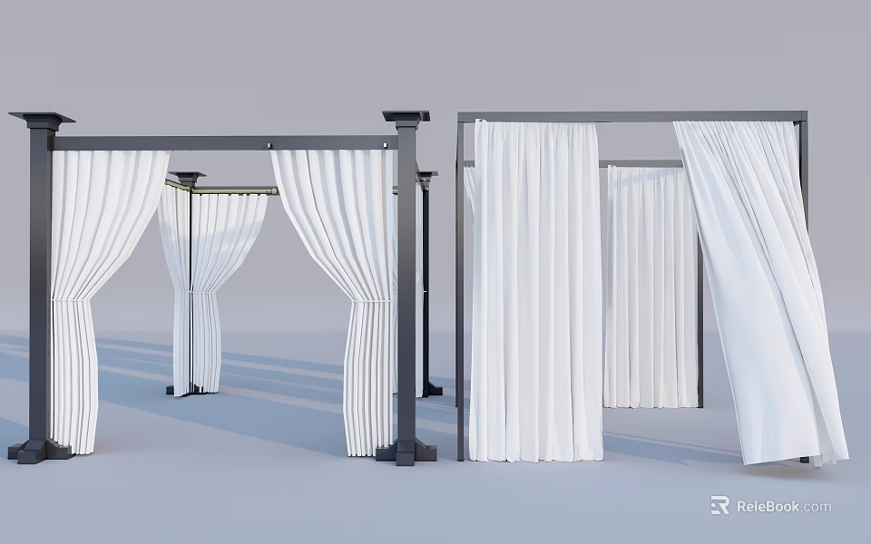 Elegant Outdoor Decorative Structures With White Curtains And Metal Frames 3d model