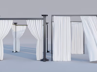 Elegant Outdoor Decorative Structures With White Curtains And Metal Frames 3d model