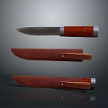 Classic Fixed Blade Knife With Brown Leather Sheath And Wooden Handle Design