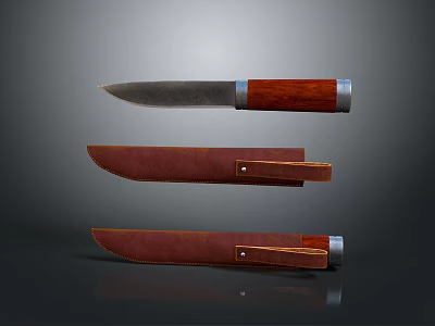 Classic Fixed Blade Knife With Brown Leather Sheath And Wooden Handle Design 3d model
