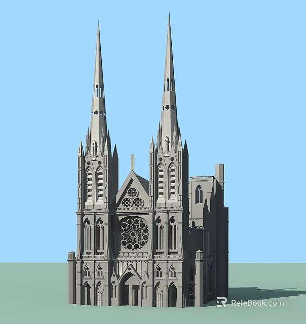 Gothic European Architecture Featuring Twin Spires Rose Window And Intricate Carvings 3d model 
