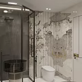 Modern Bathroom Interior With Freestanding Bathtub Large Mirror Open Shelves And Shower Space