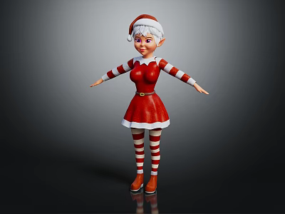 Christmas Elf Character In Red Dress With Striped Sleeves White Hair And Outstretched Arms 3d model