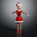 Christmas Elf Character In Red Dress With Striped Sleeves White Hair And Outstretched Arms