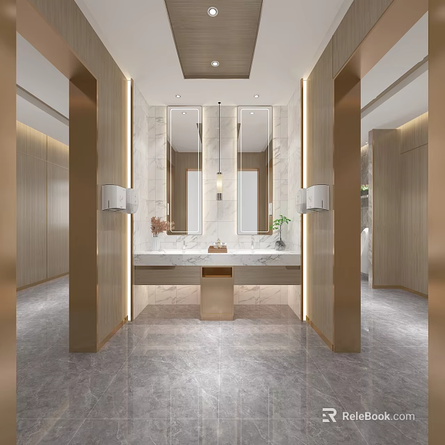 Modern Public Restroom Interior With Marble Countertop Mirrors Wooden Accents And Lighting Design 3d model 