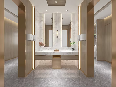Modern Public Restroom Interior With Marble Countertop Mirrors Wooden Accents And Lighting Design 3d model