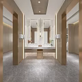 Modern Public Restroom Interior With Marble Countertop Mirrors Wooden Accents And Lighting Design