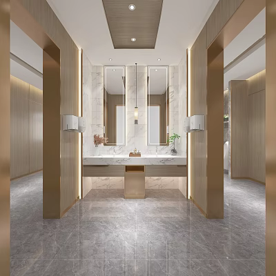 Modern Public Restroom Interior With Marble Countertop Mirrors Wooden Accents And Lighting Design 3d model