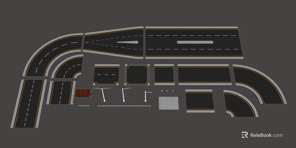 Road Infrastructure Including Various Segments Lane Markings Curved Straight Roads And Lamp Bases 3d model 