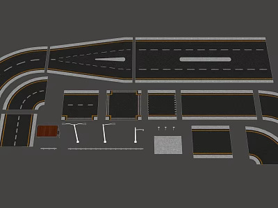 Road Infrastructure Including Various Segments Lane Markings Curved Straight Roads And Lamp Bases 3d model