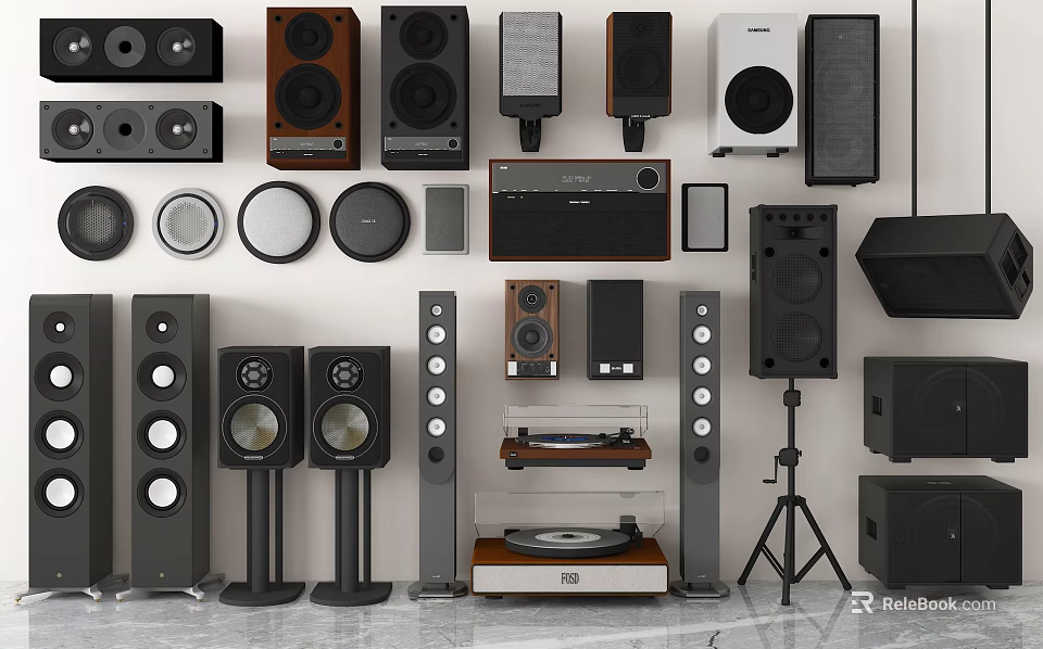 Various Headphones And Speakers With Different Designs For Audio Systems 3d model 