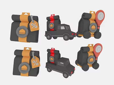 Colorful Household Packages With Discount Tags Truck And Magnifying Glass 3d model