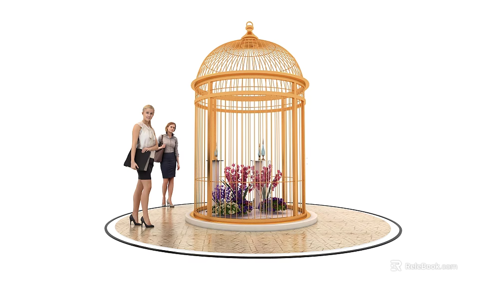 Large Decorative Birdcage With Floral Arrangement And Women Standing Nearby 3d model 
