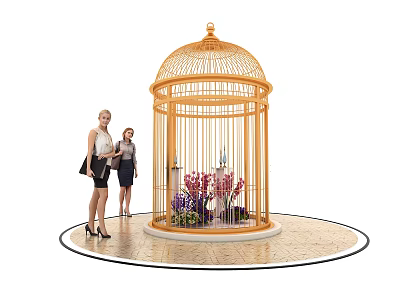 Large Decorative Birdcage With Floral Arrangement And Women Standing Nearby 3d model