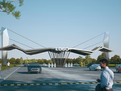 Sleek Modern Entrance Gate With Architectural Metal Canopy LOGO Cars And Pedestrians In Parking Area 3d model