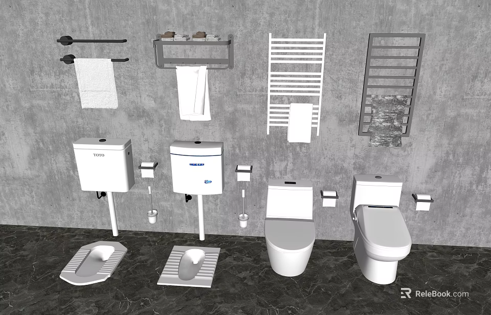 Modern Bathroom Toilet Design With Washbasin Towel Rack Shelf And Floor Mat 3d model 