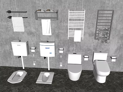 Modern Bathroom Toilet Design With Washbasin Towel Rack Shelf And Floor Mat 3d model