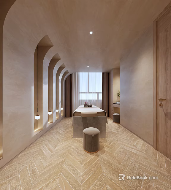 SPA Sauna Interior Design Featuring Arched Details Wooden Elements And Herringbone Floor 3d model 