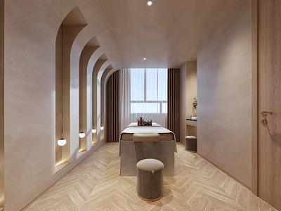SPA Sauna Interior Design Featuring Arched Details Wooden Elements And Herringbone Floor 3d model