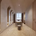 SPA Sauna Interior Design Featuring Arched Details Wooden Elements And Herringbone Floor