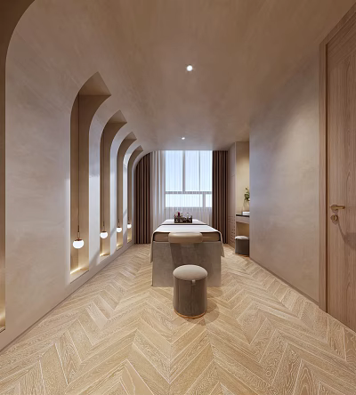SPA Sauna Interior Design Featuring Arched Details Wooden Elements And Herringbone Floor 3d model