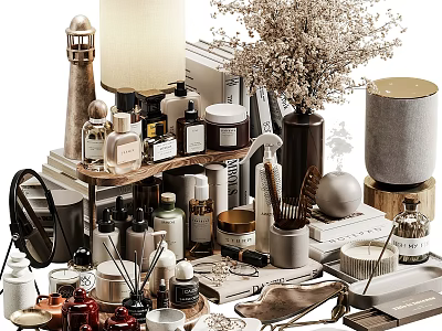 Elegant Perfumes And Cosmetics Display With Decorative Vases Books And Ornaments 3d model