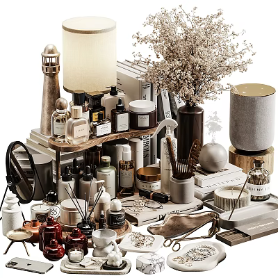 Elegant Perfumes And Cosmetics Display With Decorative Vases Books And Ornaments 3d model