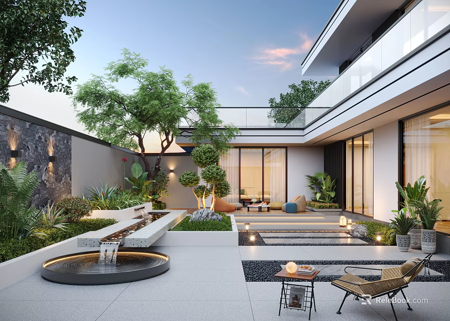 Modern Courtyard Garden With Fountain Green Plants Seating Steps Lighting And Modern Architecture 3d model 