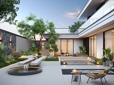 Modern Courtyard Garden With Fountain Green Plants Seating Steps Lighting And Modern Architecture 3d model
