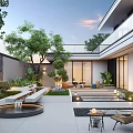 Modern Courtyard Garden With Fountain Green Plants Seating Steps Lighting And Modern Architecture
