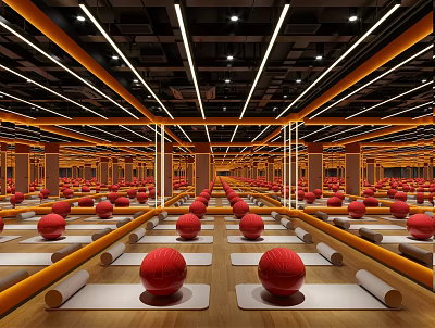 Gym Space With Red Fitness Balls Yoga Mats And Wooden Floors 3d model