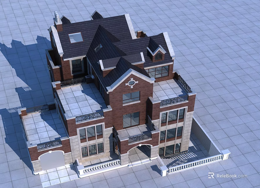 Classic Multi Story Detached Villa With Red Brick Exterior Gray Roof And Balconies 3d model 