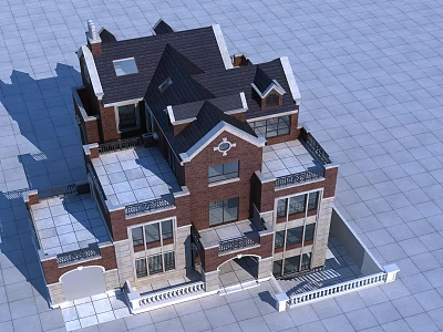 Classic Multi Story Detached Villa With Red Brick Exterior Gray Roof And Balconies 3d model