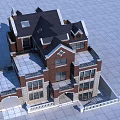 Classic Multi Story Detached Villa With Red Brick Exterior Gray Roof And Balconies